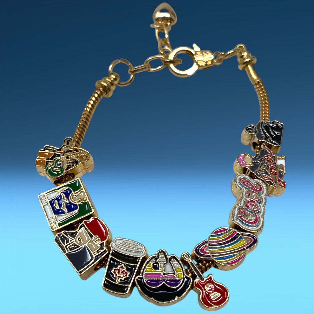 Add A Charm Bracelet Taylor Swift -Travel -Coffee -Guitar- Enamel Gold Tone